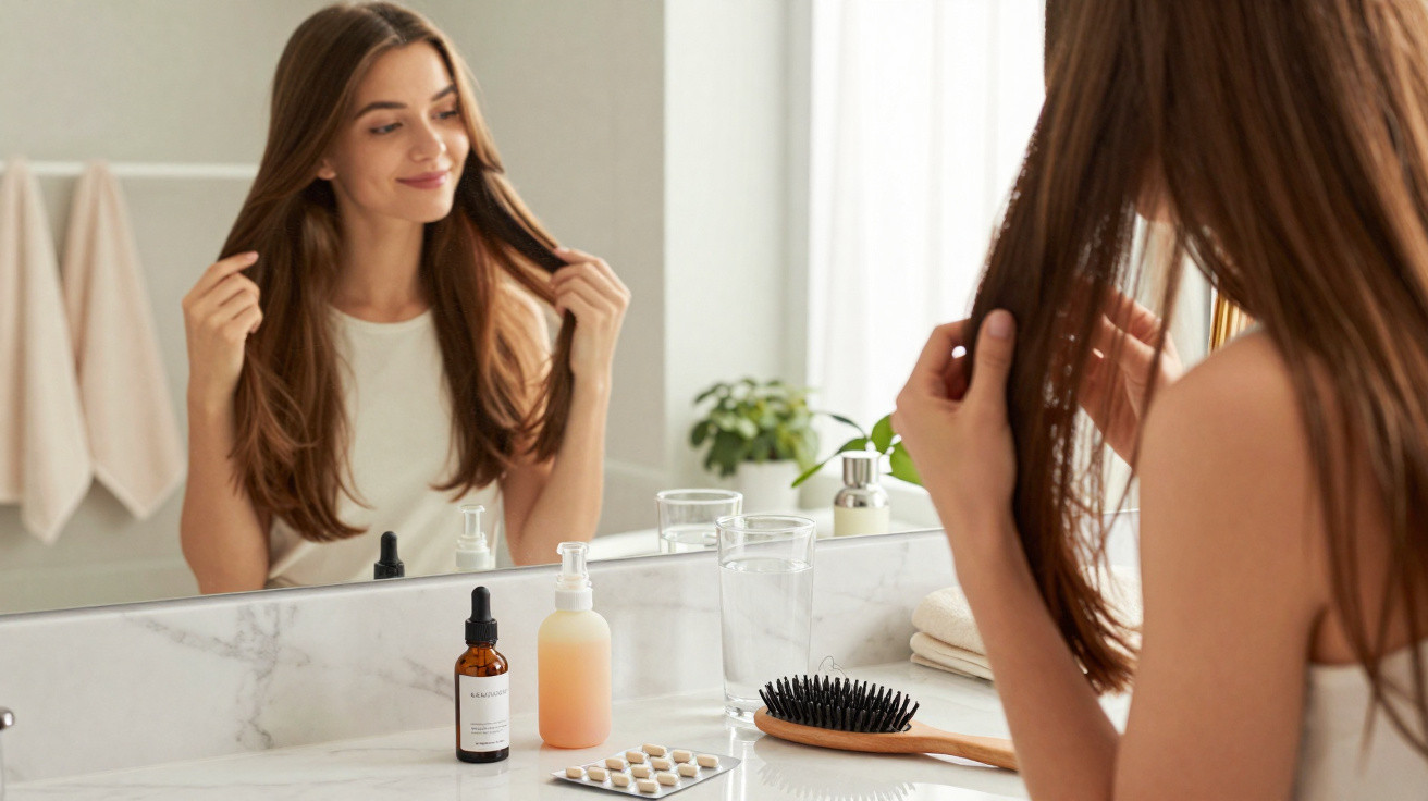 Mulher penteando o cabelo, espelho e produtos de beleza numa bancada de casa de banho.