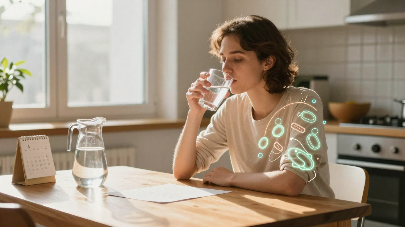 Mulher a beber um copo de água na cozinha, com ilustração digital de bactérias ao lado.