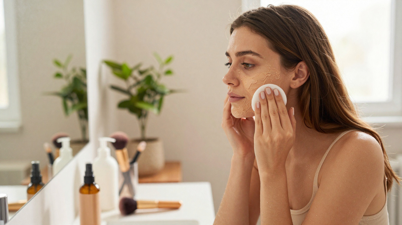 Mulher jovem aplica base com esponja no rosto junto a um espelho num ambiente iluminado natural.