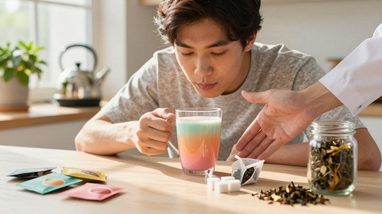 Jovem sentado à mesa cheira chá numa chávena com camadas coloridas, enquanto mão aponta para saquetas de chá e açúcar.