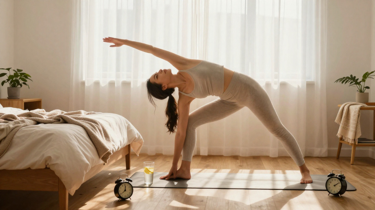 Mulher jovem a fazer yoga num tapete no quarto, com luz natural a entrar pela janela.