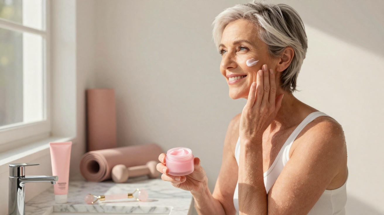 Mulher madura aplica creme facial com sorriso, sentada junto a janela e utensílios de cuidado na mesa.
