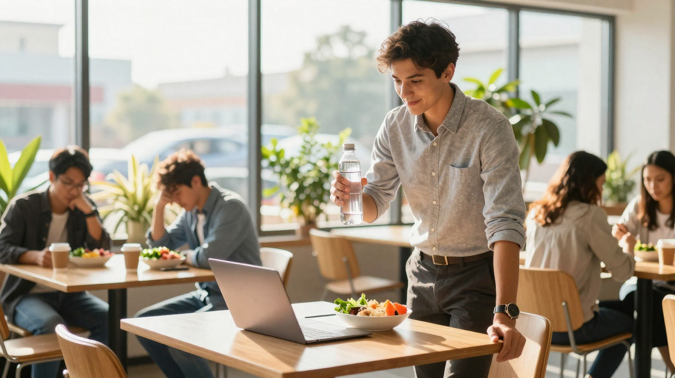 Jovem em sala de refeições com garrafa de água junto a prato de comida e computador portátil numa mesa.