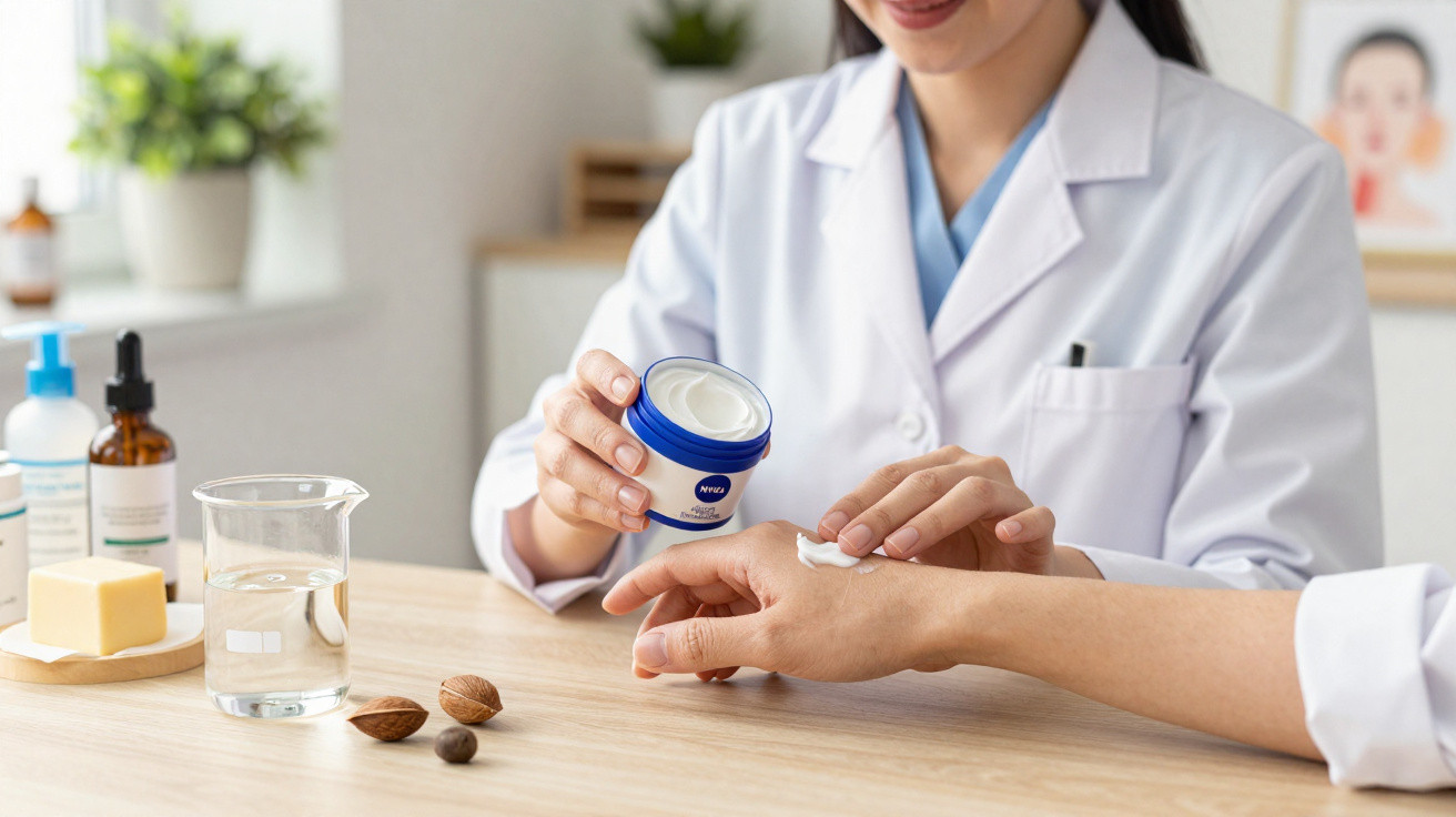 Profissional de saúde a aplicar creme hidratante na mão de paciente num consultório.