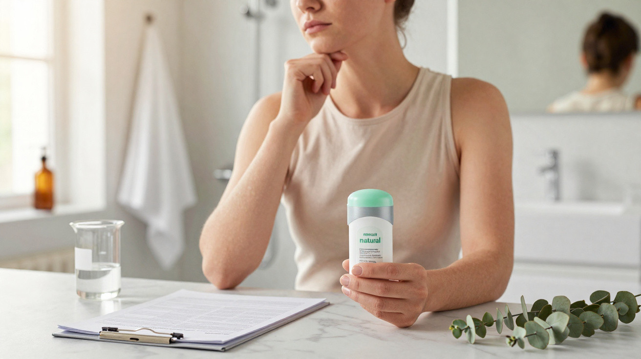 Mulher segurando desodorizante natural sentada à mesa com plantas, vidro de água e documentos à frente.