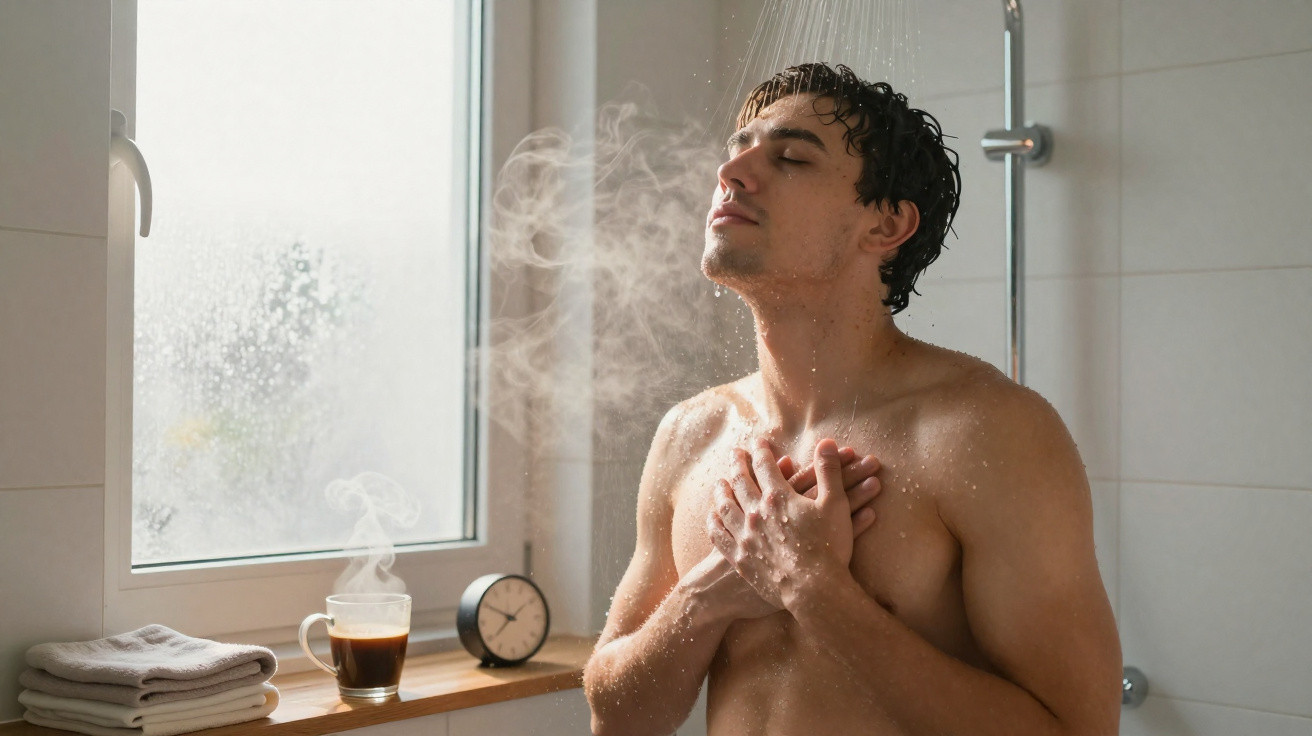 Homem de olhos fechados a desfrutar do calor de um duche com vapor, ao lado de uma janela e chá quente.