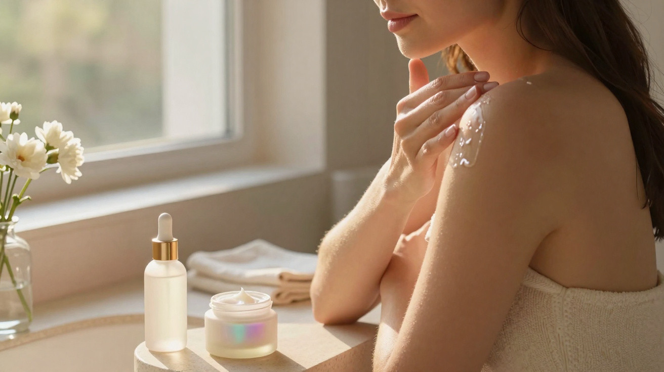 Mulher a aplicar creme hidratante no ombro num ambiente luminoso com produtos de cuidados da pele à frente.