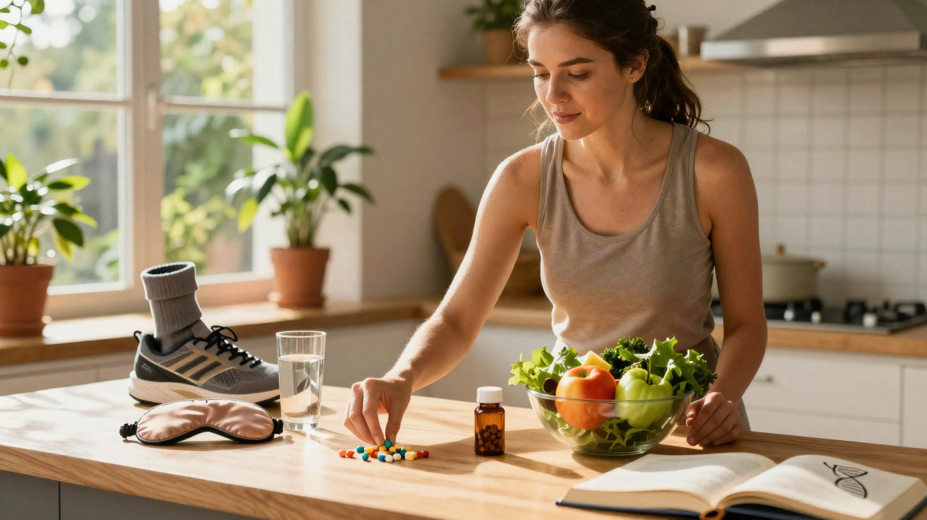 Mulher sentada na cozinha com bowl de vegetais, a organizar comprimidos sobre a mesa iluminada a luz natural.