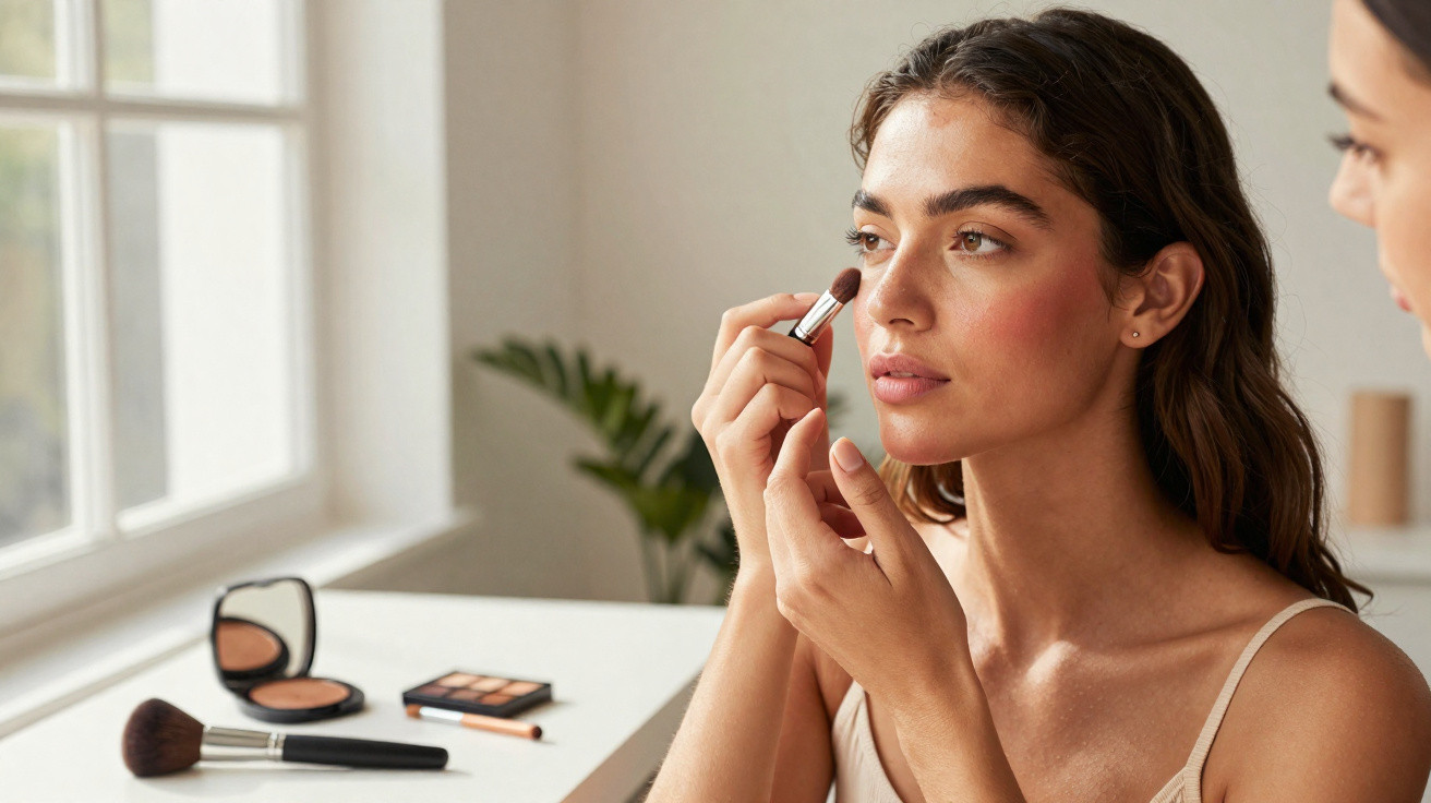 Mulher a aplicar maquilhagem com pincel, sentada junto a janela, com produtos de beleza numa mesa.