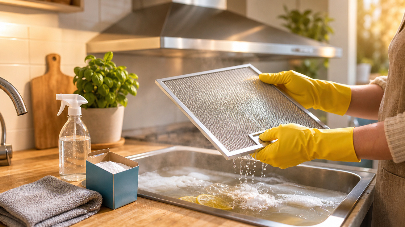 Pessoa a lavar filtro metálico com luvas amarelas numa cozinha moderna, com utensílios e plantas ao fundo.