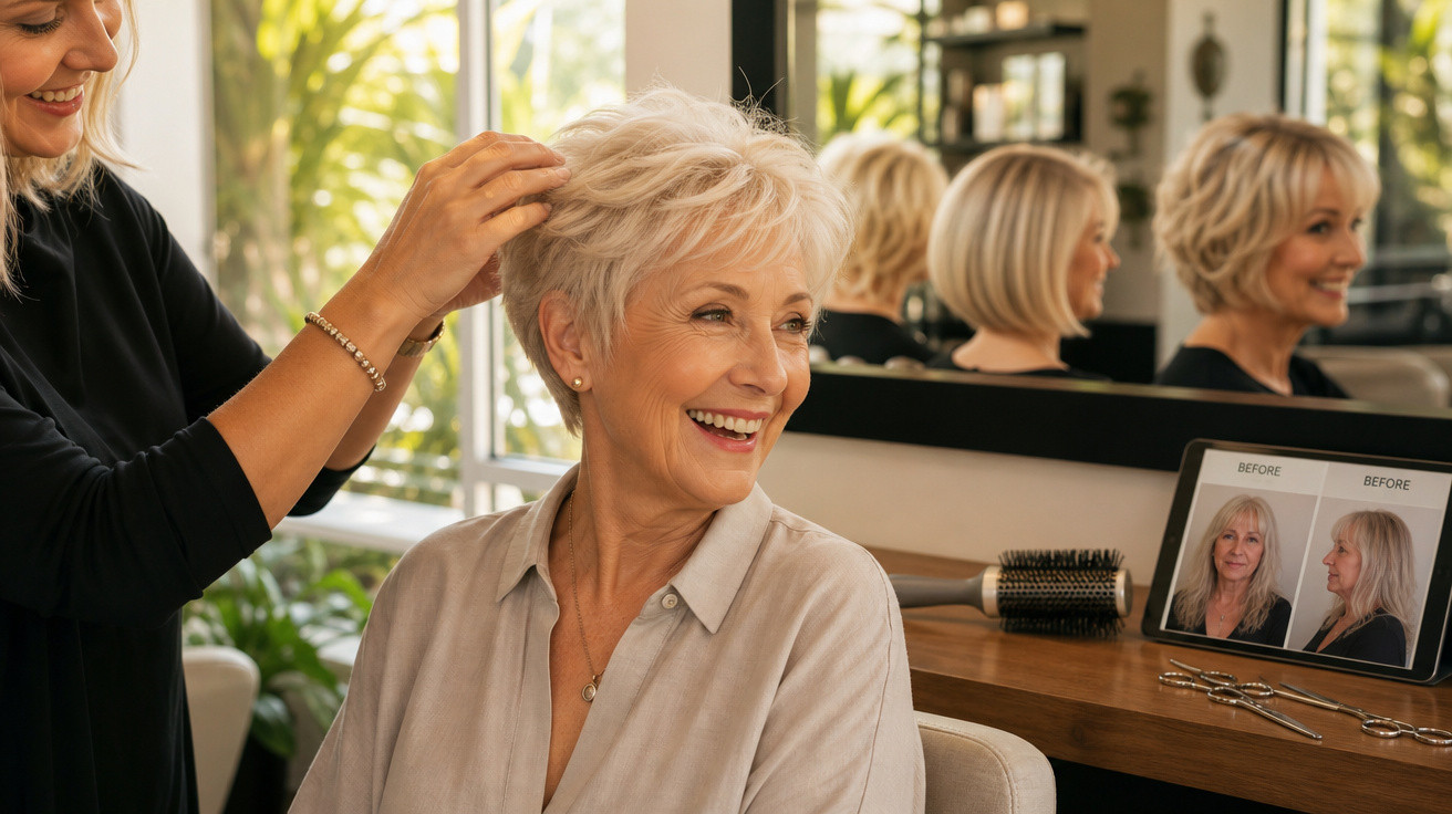 Mulher sénior sorridente a receber corte de cabelo curto e moderno num salão de beleza luminoso.