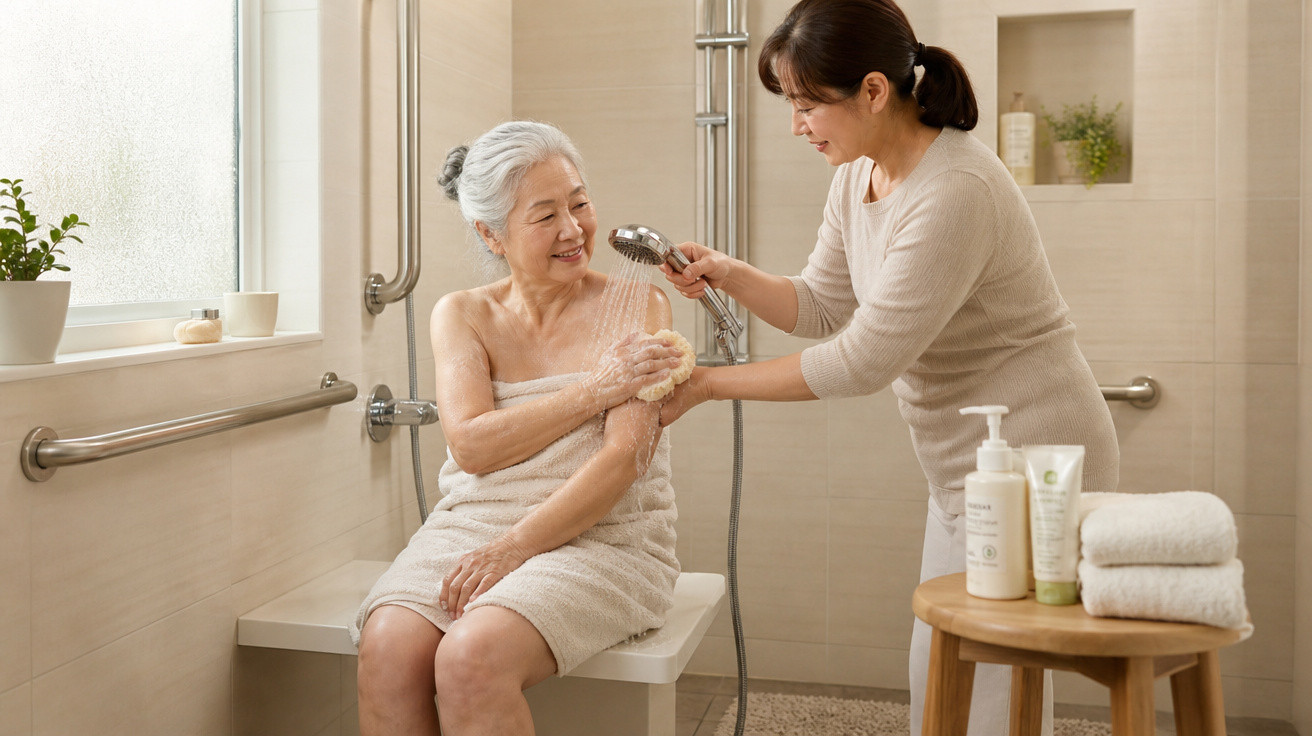 Mulher adulta ajuda idosa a tomar banho, segurando chuveiro no banheiro adaptado, com toalhas e produtos ao lado.